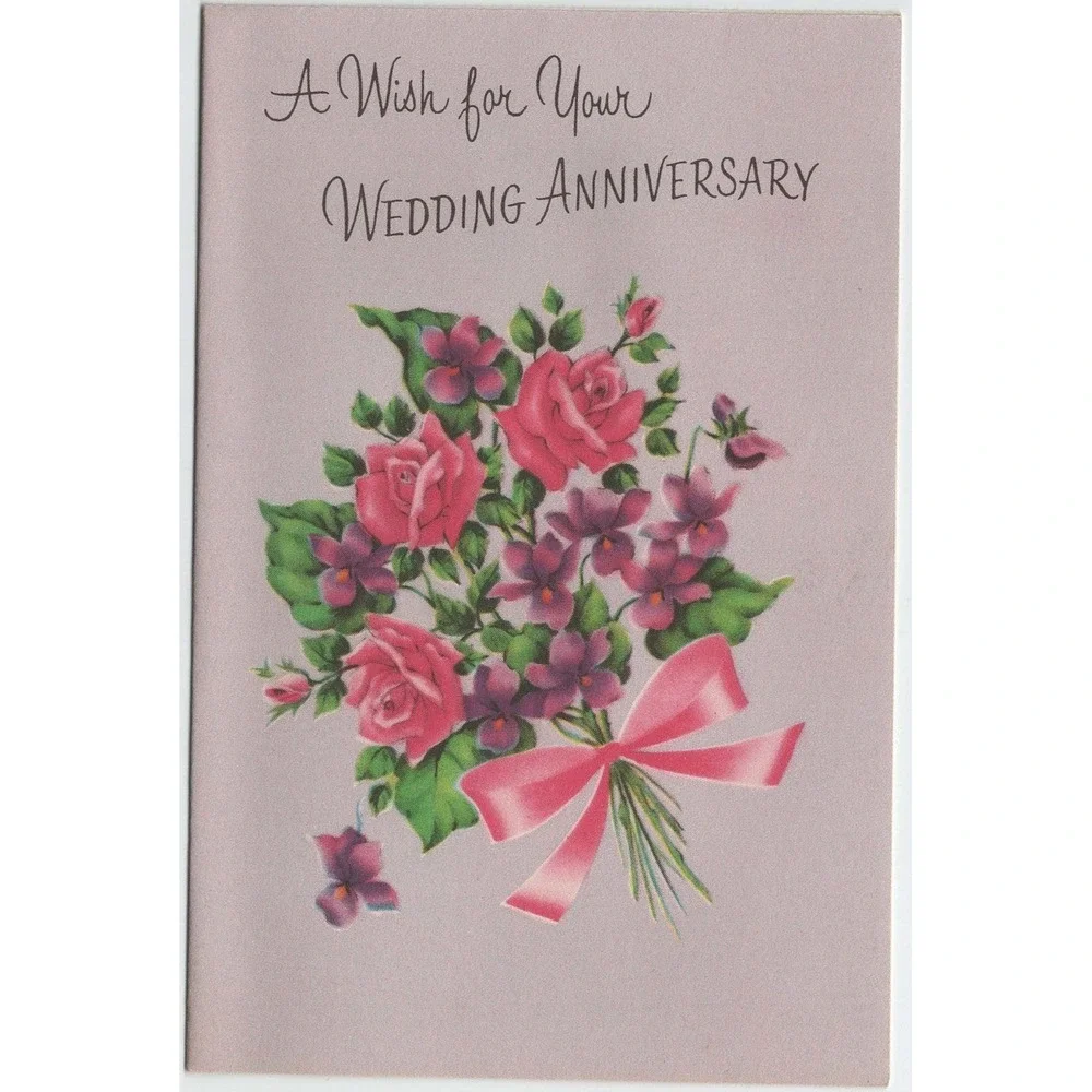Vintage Norcross Wedding Anniversary Card Pink Roses Violets Used